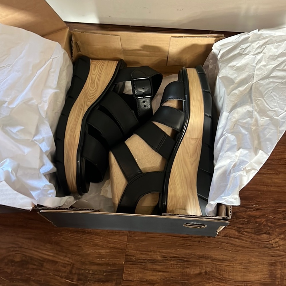 New in box, womens Sorel black wedge sandals. Size 6